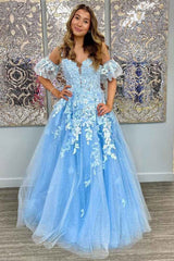 A-Line Appliques Plunge V Tulle Long Prom Dress with Sleeves