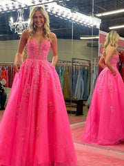 V-Neck Pink A-Line Lace Tulle Long Prom Evening Dress