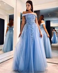 Off-Shoulder Beaded Applique Tulle Prom Dress with Built-In Bra