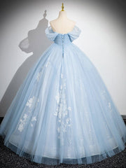 Blue Off-Shoulder Tulle Sequin A-Line Long Prom Dress