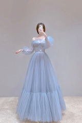 Blue Tulle Long Prom Dress with Built-In Bra and Zipper