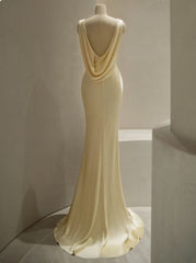 Pastel Yellow Satin Backless Mermaid Floor-Length Prom Dress