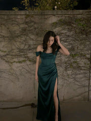 Dark Green Satin Off-Shoulder Side-Slit Long Evening Prom Dress