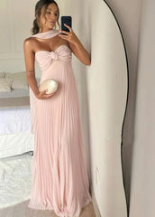 Strapless A Line Long Prom Dress Pleated Formal Pink Party Gown