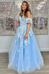 A-Line Appliques Plunge V Tulle Long Prom Dress with Sleeves