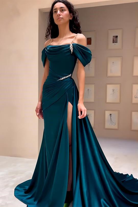 Off-Shoulder Dark Green Satin Beaded Prom Evening Gown