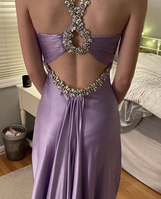 Glamorous Purple Satin Beaded Long Prom Evening Gown Dress