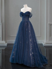 A-Line Off-Shoulder Tulle Lace Dark Blue Long Prom Dress