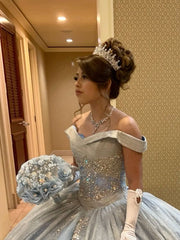 A-Line Light Blue Off-Shoulder Quinceañera Ball Gown with Tulle