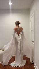 Soft Satin Floor-Length Bridal Gown Open Back Detachable Flare Sleeves