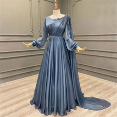 Elegant Blue Chiffon Evening Gown with Embellished Long Sleeves
