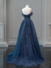 A-Line Off-Shoulder Tulle Lace Dark Blue Long Prom Dress