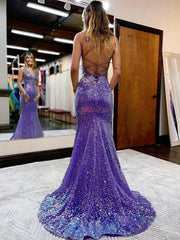 Sequin Sheath Column V-Neck Court Train Prom Dress Lace-Up Back