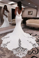 Mermaid V-Neck Satin Wedding Dress with Lace Appliques Backless