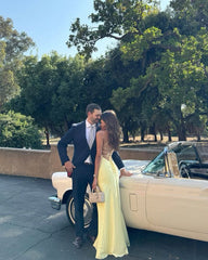 Yellow Satin Floor-Length Prom Dress with Lace-Up Back, Built-In Bra