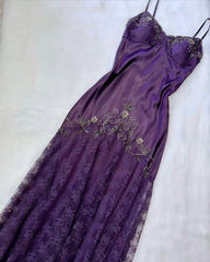Vintage Purple Evening Dress with Elegant Flower Accents and Details
