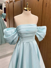 A-Line Off-Shoulder Satin Blue Long Prom Dress with Lace-Up Back