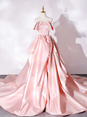 Satin Sweep-Train Long Prom Dress Elegant Formal Evening Gown