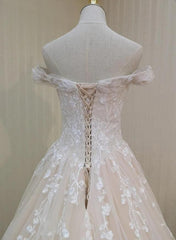 Off Shoulder Tulle Wedding Dress with Sweep Train Lace-Up Back