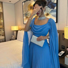 Elegant Blue Chiffon A-Line Ankle-Length Prom Dress with Bra
