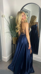 Navy Satin Long Prom Dress Lace-Up Back Built-In Bra