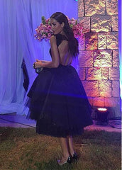 A-Line Black Tulle Backless Knee-Length Satin Homecoming Dress