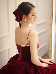 Red Velvet Spaghetti-Strap Evening Gown with Lace-Up Back