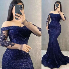 Sequin Mermaid Evening Dress Long Sleeve Fitted Zipper Back