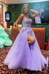Shiny Purple Lace Long Prom Dress High Slit Evening Gown