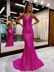 Sequin Sheath Column V-Neck Court Train Prom Dress Lace-Up Back