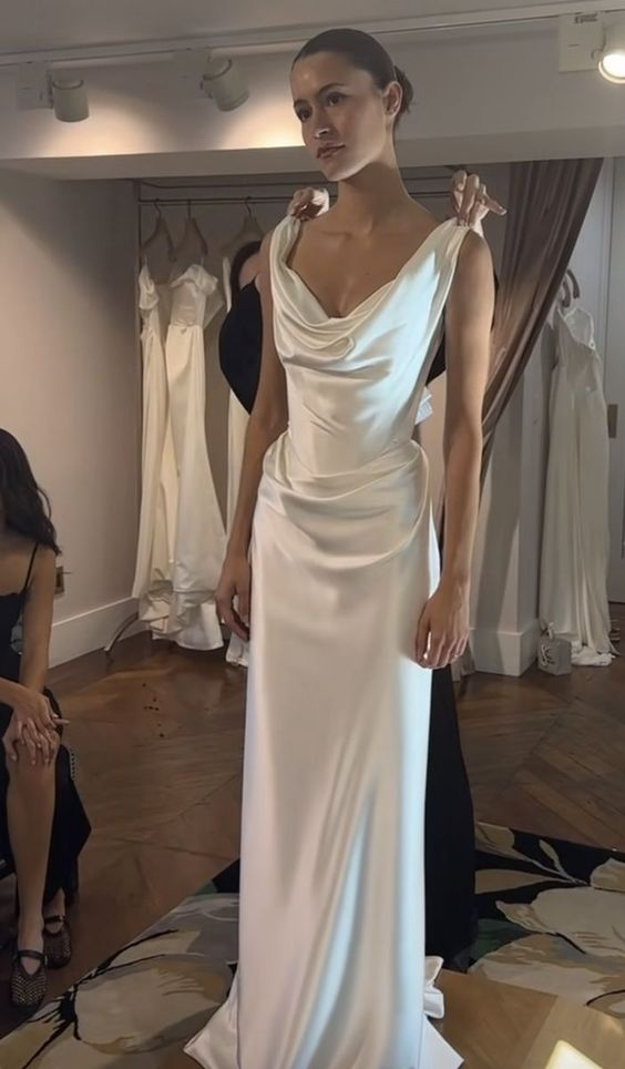 Sexy Sheath Off Shoulder Satin Long Wedding Dresses For Women