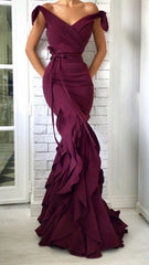 Satin V-Neck Off-Shoulder Evening Gown with Elegant Waist Bow