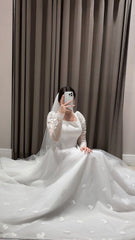 Modest White A-Line Long Sleeve Tulle Wedding Dress Floor-Length