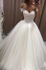 Ivory Off-Shoulder Tulle Wedding Gown with Pleated Skirt and Lace-Up