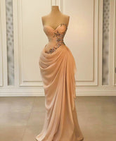 Champagne Mermaid Chiffon Prom Dress Pleated Lace Appliques Beading