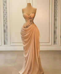 Champagne Mermaid Chiffon Prom Dress Pleated Lace Appliques Beading