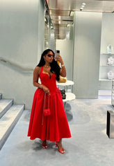 Red Satin Sleeveless Evening Gown Party Dress with Zipper