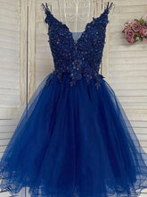 Blue V-Neck Tulle Lace Short Prom Dress With Built-In Bra
