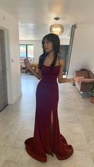 Burgundy Glitter Satin Prom Dress Sleeveless Lace-Up Back Gown