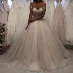 Ivory Off-Shoulder Tulle Wedding Gown with Pleated Skirt and Lace-Up