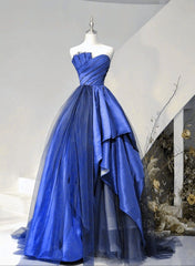 Blue Satin Tulle Long Prom Dress with Lace-Up Back