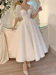 A-Line Tea-Length Lace Wedding Dress with Short Sleeves and Bra