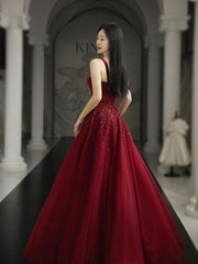 Burgundy Tulle A-Line Prom Dress with Straps and Lace-Up