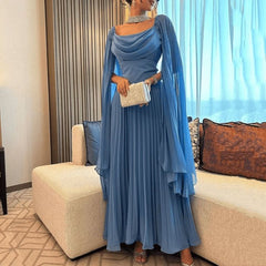 Elegant Blue Chiffon A-Line Ankle-Length Prom Dress with Bra