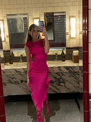 Satin 3D Flower Ruffle Sleeveless Evening Prom Dress with Bra