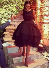 A-Line Black Tulle Backless Knee-Length Satin Homecoming Dress