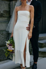 Strapless Satin Sheath Midi Wedding Dress with Side Slit