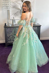 A-Line Appliques Plunge V Tulle Long Prom Dress with Sleeves