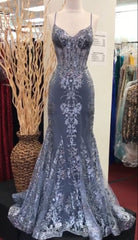 V Neck Lace Mermaid Prom Dress Long Evening Gown