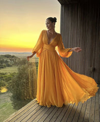 Chiffon Long-Sleeve Formal Prom Dress with Built-In Bra